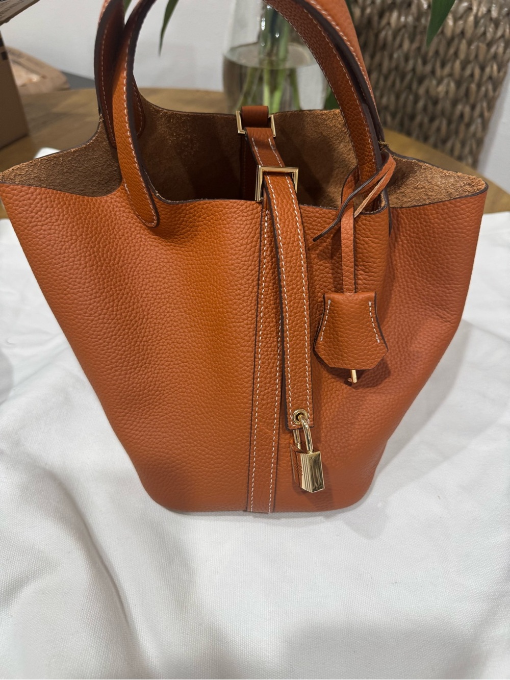 Leather Bucket Bag with lock, key, & clochette: Cognac Brown with Gold Hardware - Picture 3 of 8